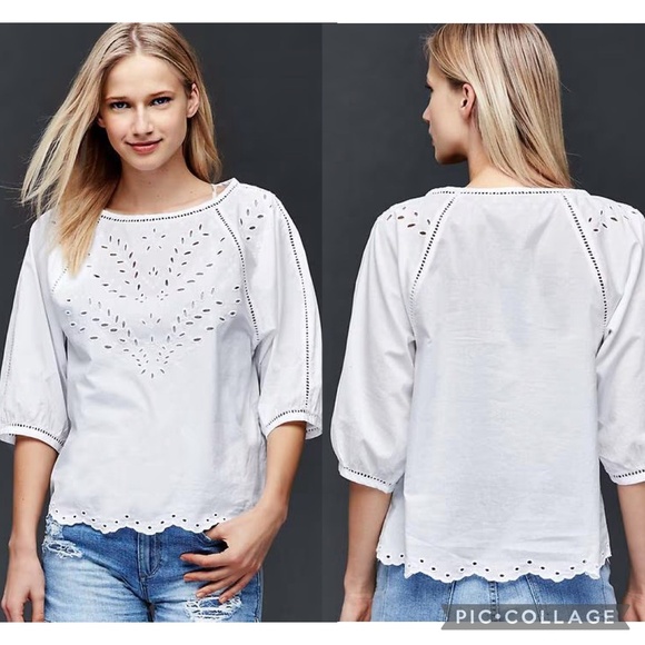 Gap Three-quarter Sleeve White Eyelet Embroidered Scalloped Hem Top  Size XS - Picture 12 of 12